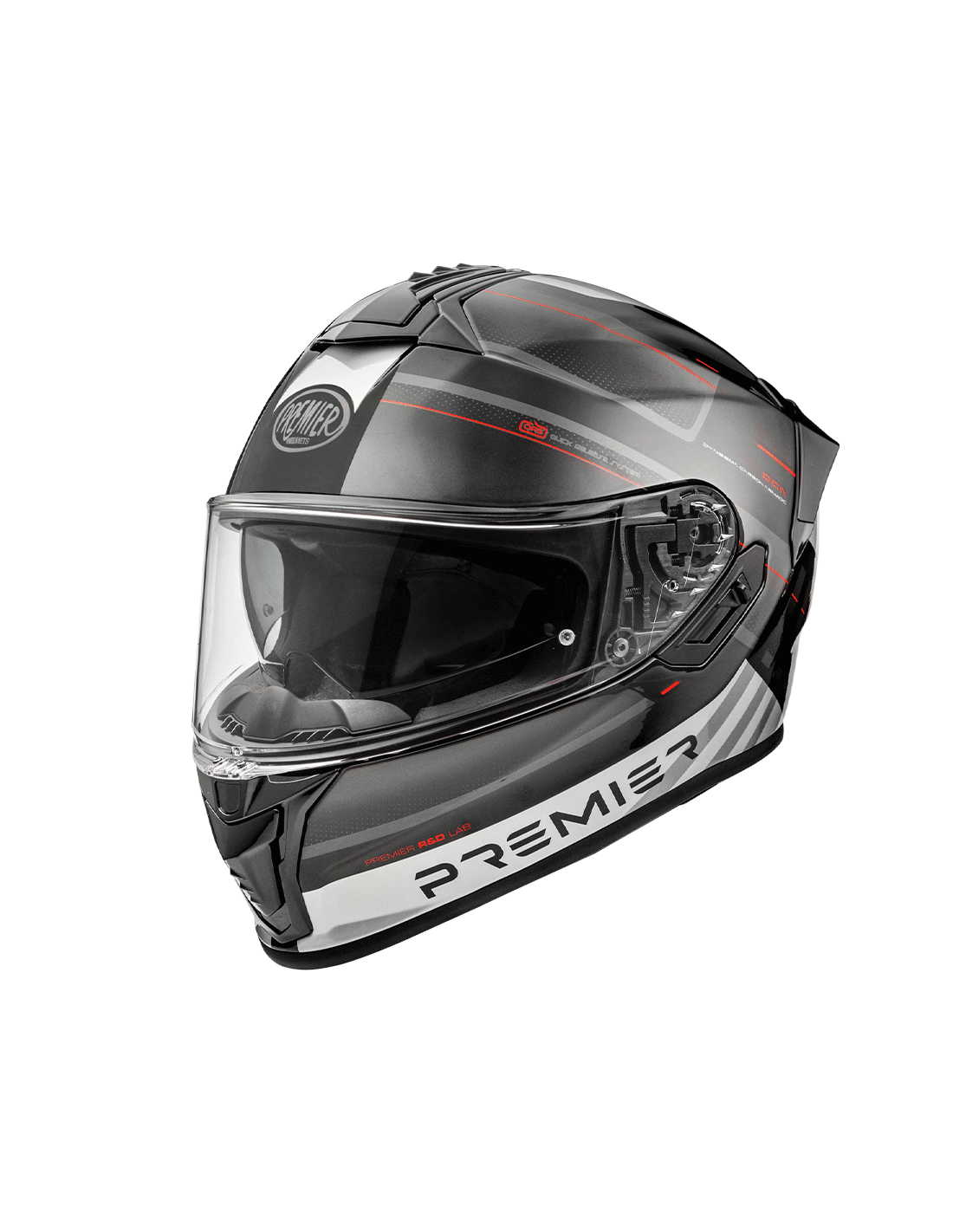 Premier Evoluzione black, grey, and red full-face motorcycle helmet showcasing sleek design and safety features.