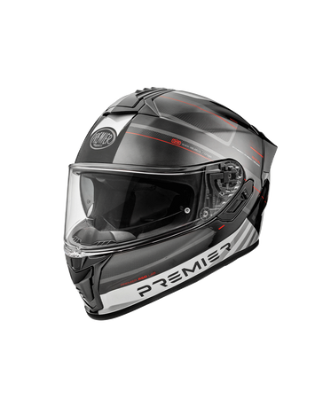Premier Evoluzione black, grey, and red full-face motorcycle helmet showcasing sleek design and safety features.