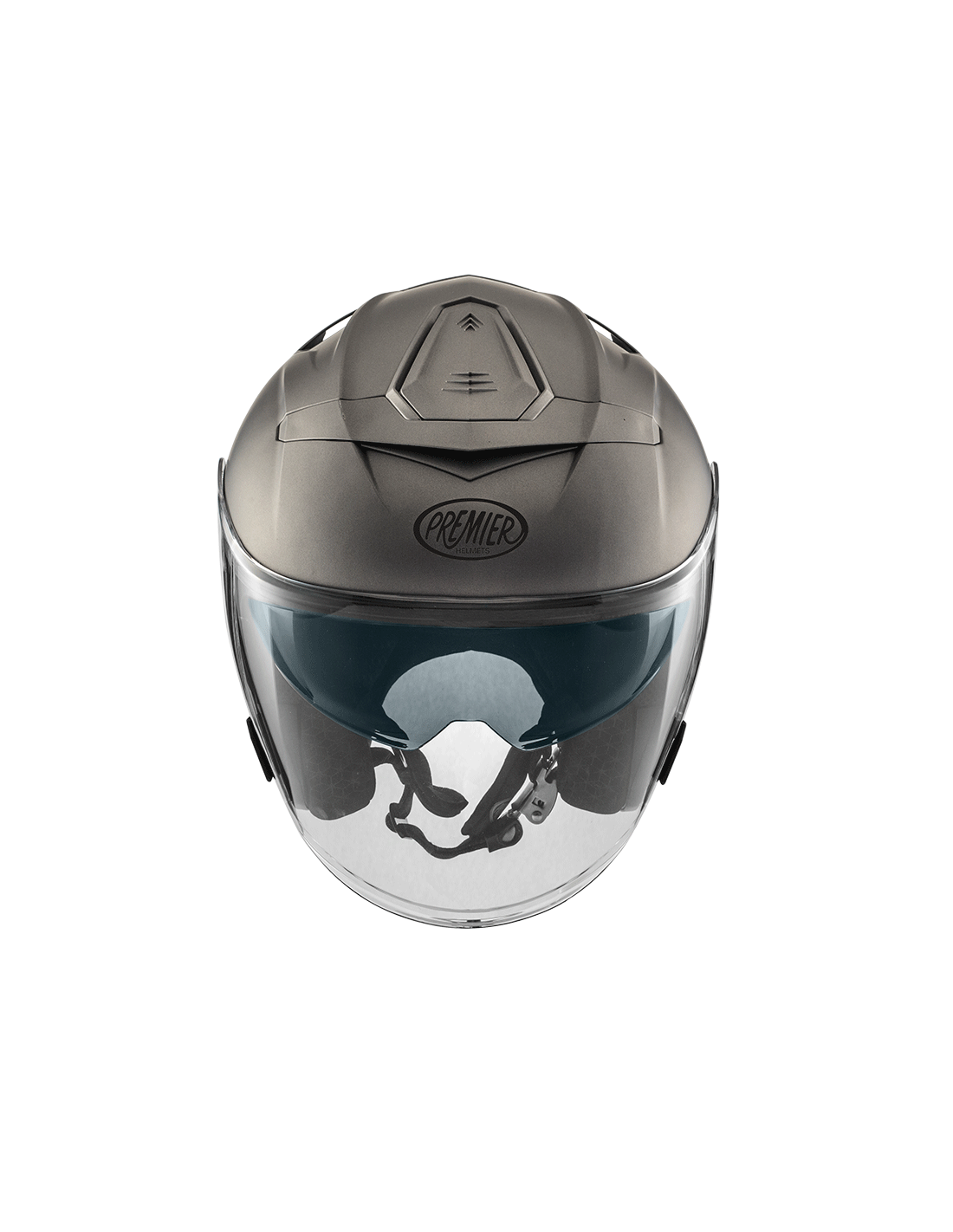 Matte grey Premier JT-5 jet motorcycle helmet showcasing streamlined design and ventilation features.
