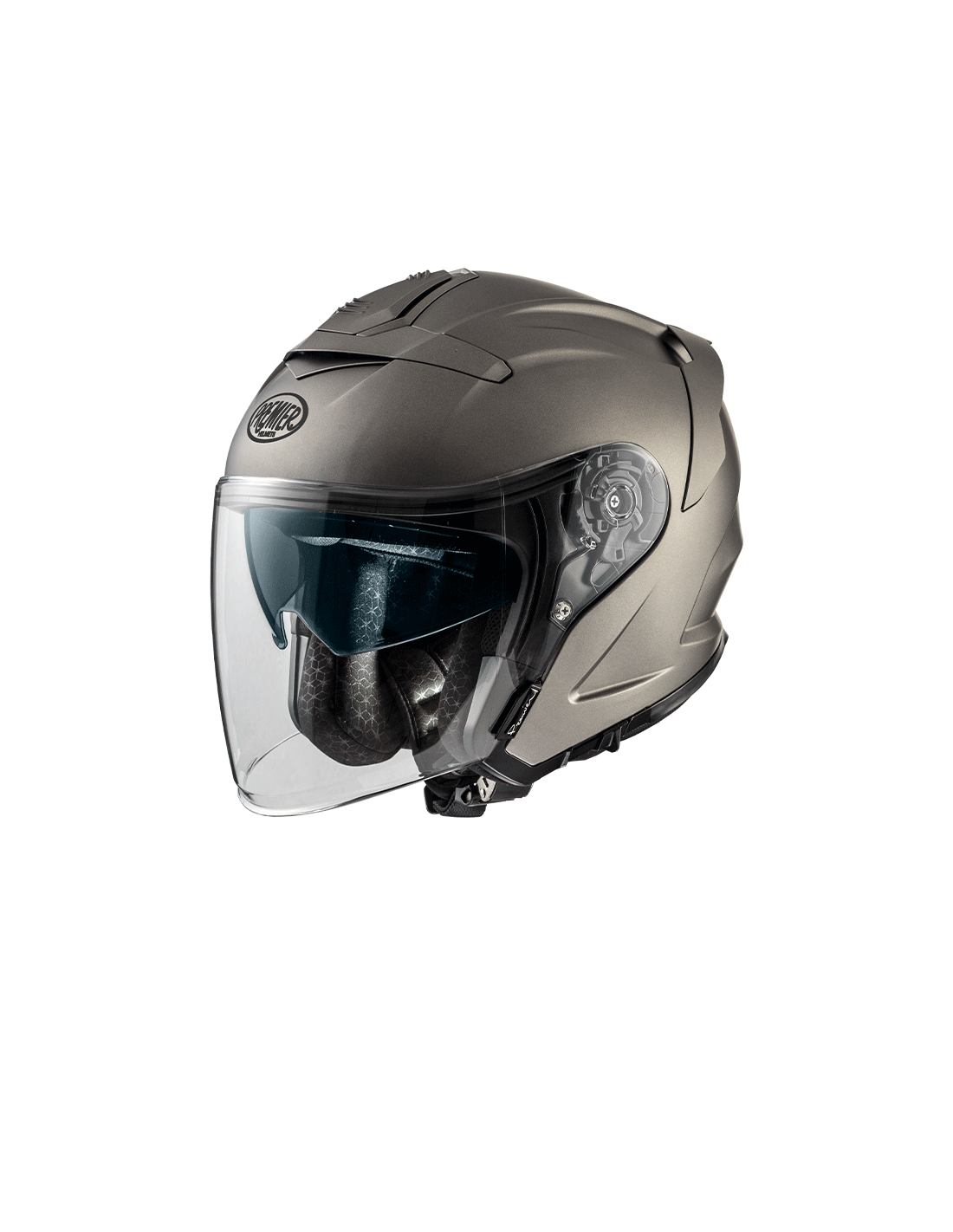 Matte grey Premier JT-5 jet motorcycle helmet with a sleek design and comfortable fit shown from the side.