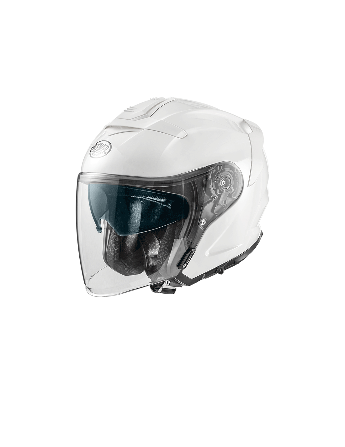 White Premier JT-5 jet motorcycle helmet with sleek design and adjustable strap displayed on a neutral background.