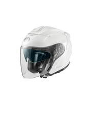 White Premier JT-5 jet motorcycle helmet with sleek design and adjustable strap displayed on a neutral background.