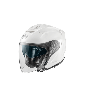 White Premier JT-5 jet motorcycle helmet with sleek design and adjustable strap displayed on a neutral background.