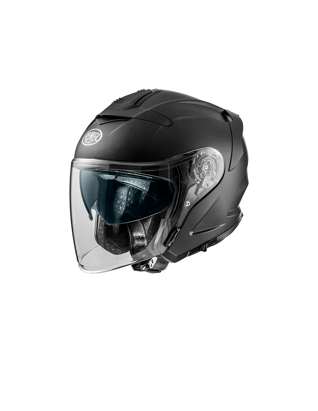 Premier JT-5 matte black jet motorcycle helmet showcasing sleek design and safety features.