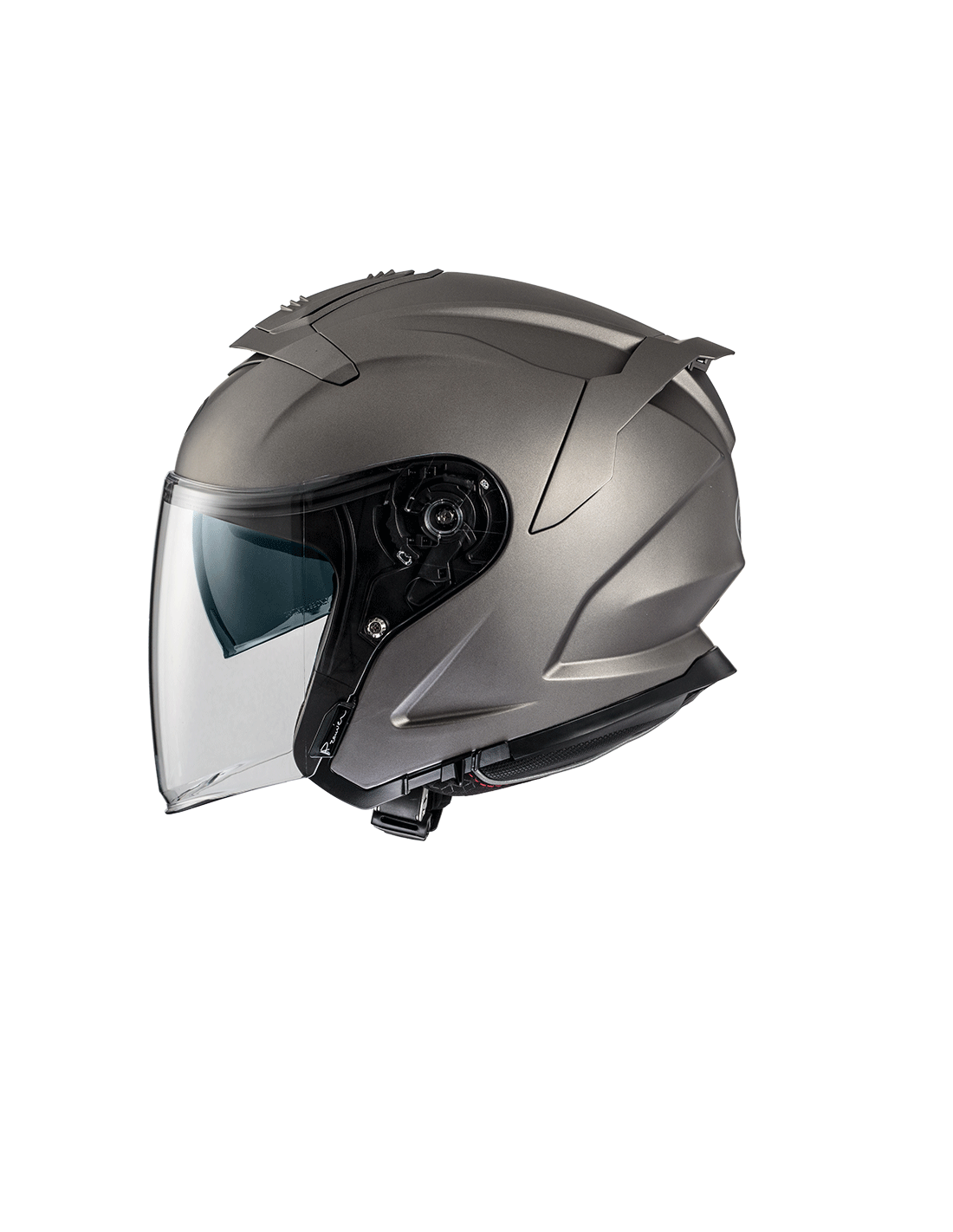 Matte grey Premier JT-5 jet motorcycle helmet showcasing sleek design and ventilation features.