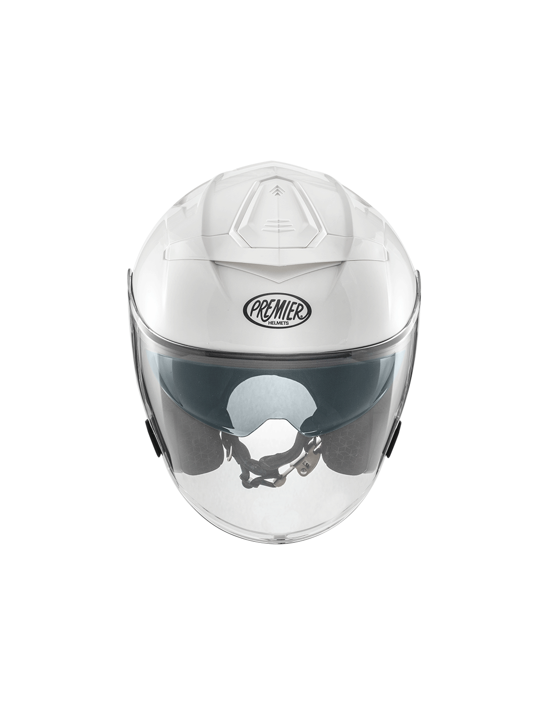 White Premier JT-5 jet motorcycle helmet with a sleek design and ventilation features.