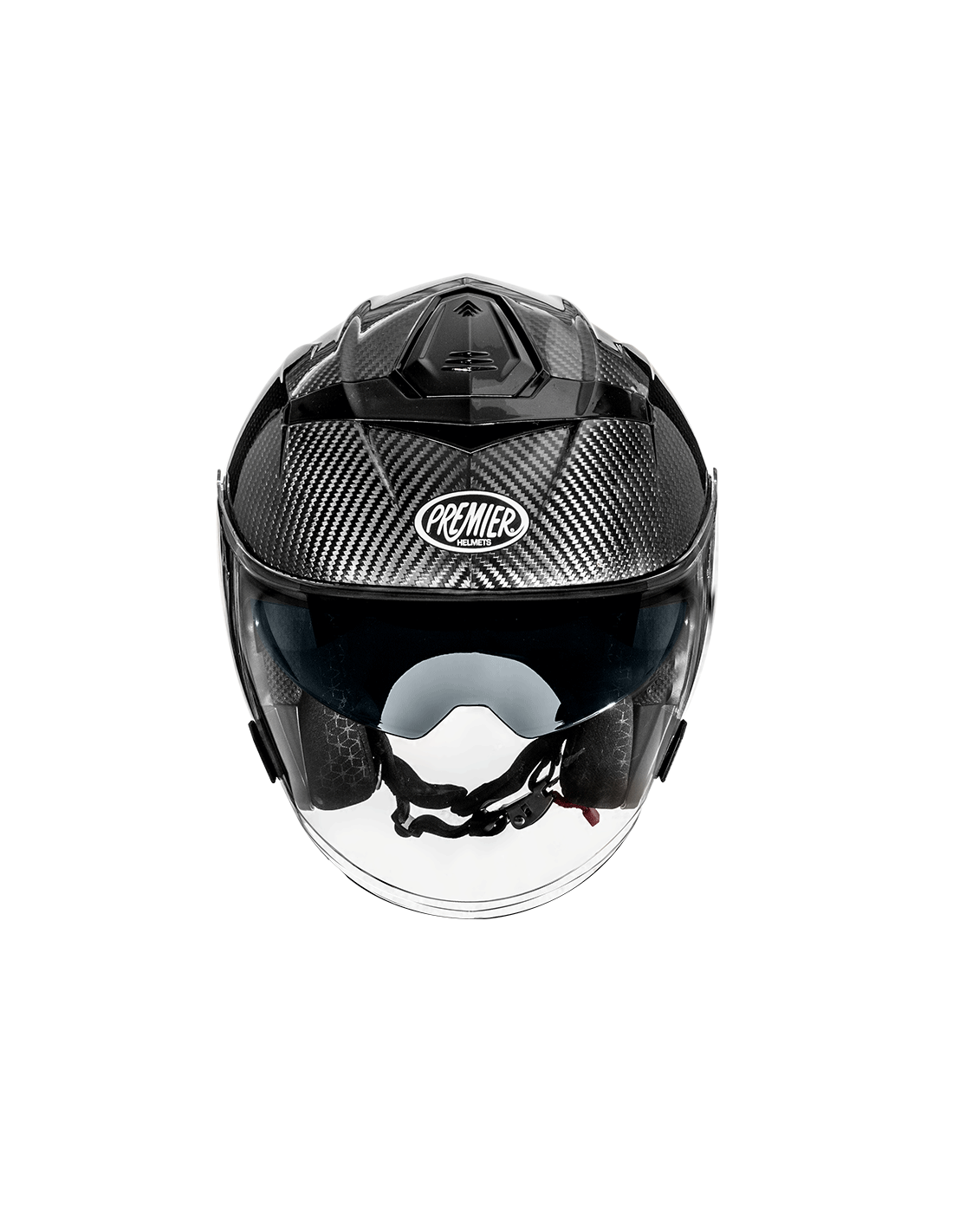 Premier JT-5 Carbon jet motorcycle helmet showcasing sleek design and ventilation features in a stylish finish.