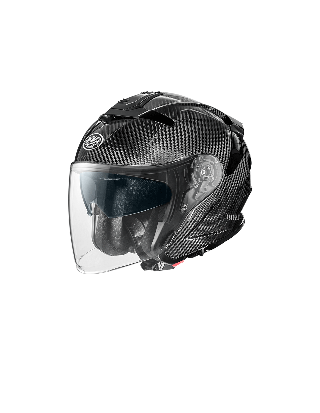 Premier JT-5 Carbon jet motorcycle helmet with a sleek design and ventilation features, showcased from a side view.