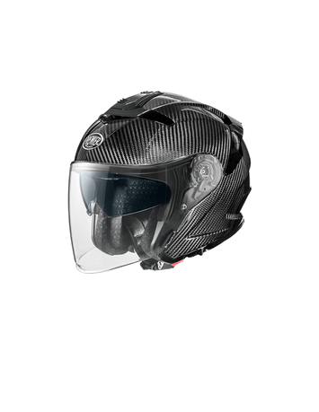 Premier JT-5 Carbon jet motorcycle helmet with a sleek design and ventilation features, showcased from a side view.