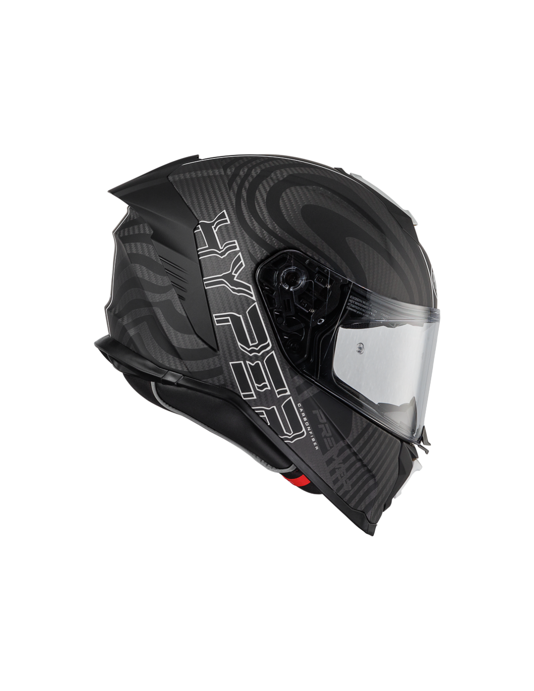 Premier Hyper Carbon black and white full-face motorcycle helmet, showcasing sleek design and aerodynamic shape.