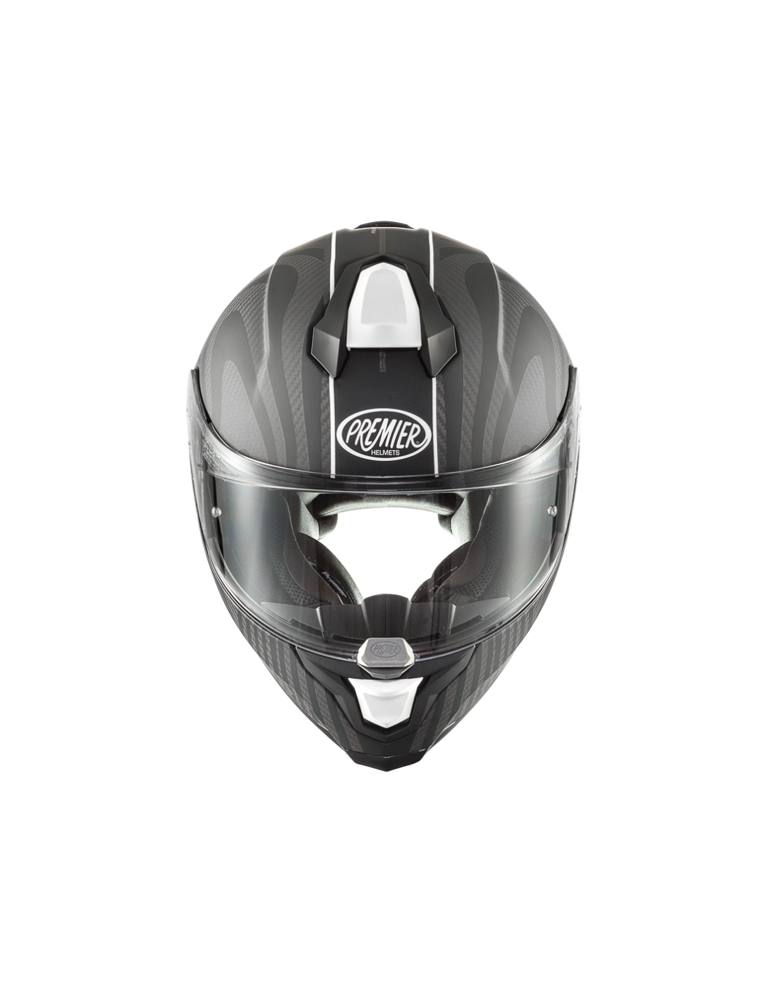 Premier Hyper Carbon black and white full-face motorcycle helmet displayed at an angle, showcasing sleek design and ventilation.
