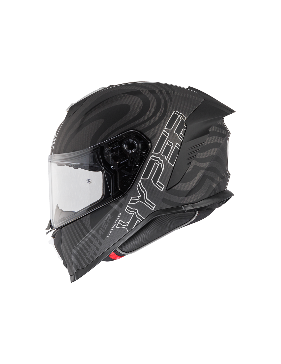 Premier Hyper Carbon black and white full-face motorcycle helmet showcasing sleek design and aerodynamic features.