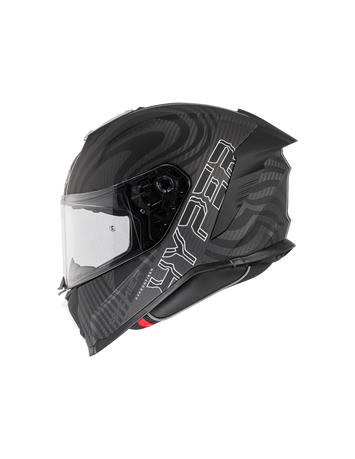 Premier Hyper Carbon black and white full-face motorcycle helmet showcasing sleek design and aerodynamic features.