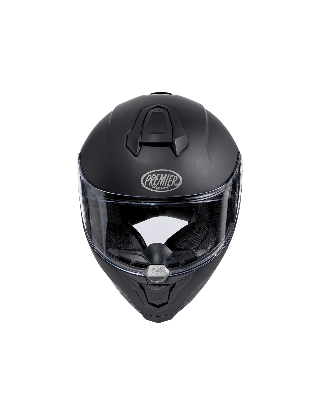 Premier Hyper matte black full-face motorcycle helmet showcasing sleek design and safety features.