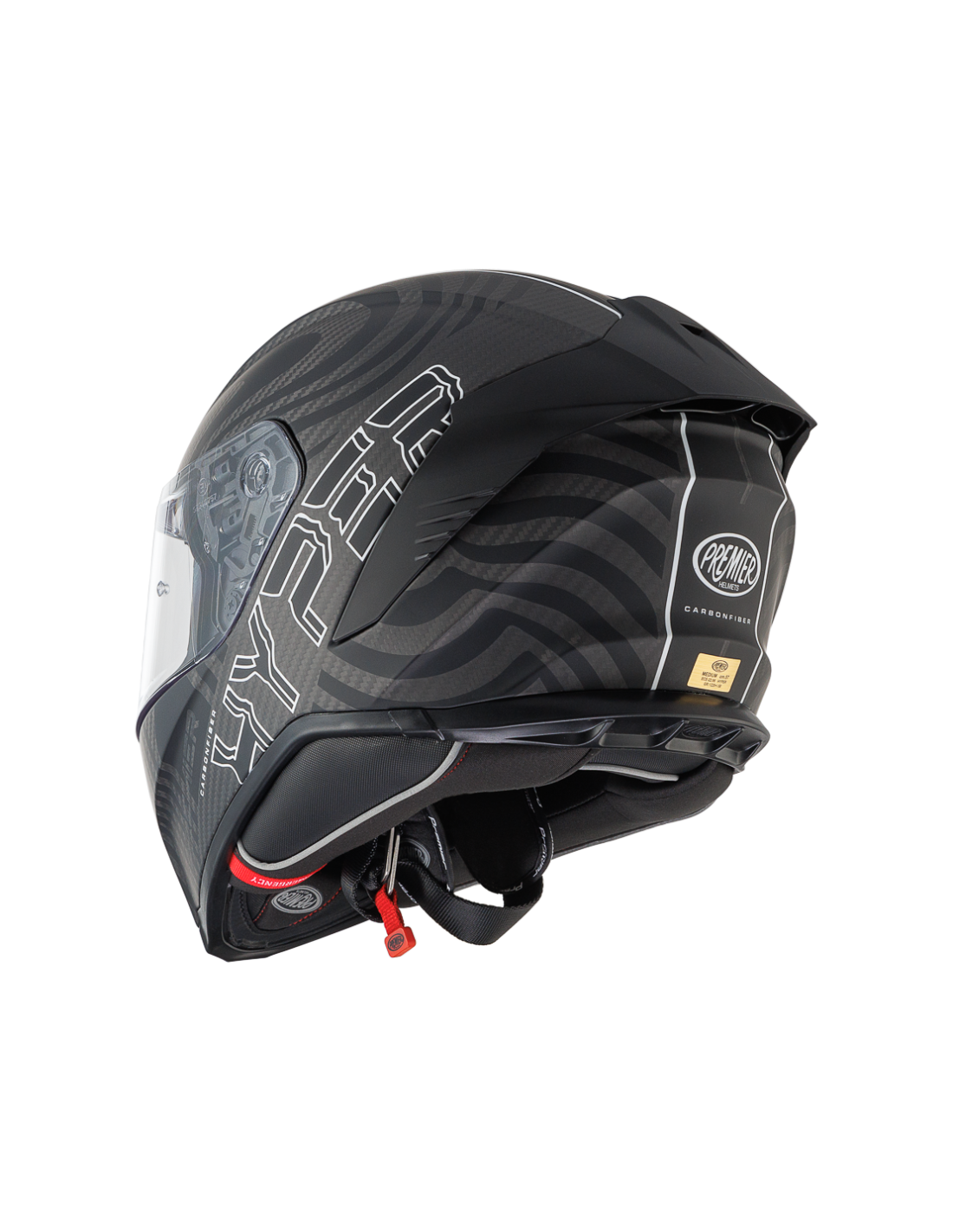 Premier Hyper Carbon full-face motorcycle helmet in black and white with sleek design and aerodynamic shape.