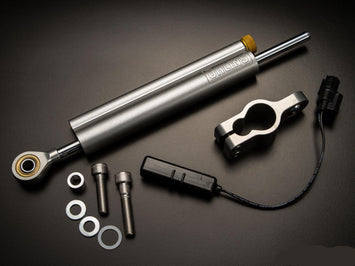 Ohlins EC System linear steering damper for Yamaha R1 M (2015-2020), close-up view of the high-performance motorcycle suspension component.