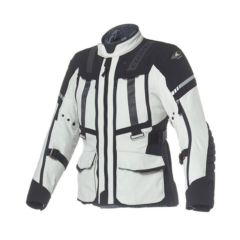 Clover Savana 4 WP motorcycle jacket in black and gray, featuring waterproof design and protective details.