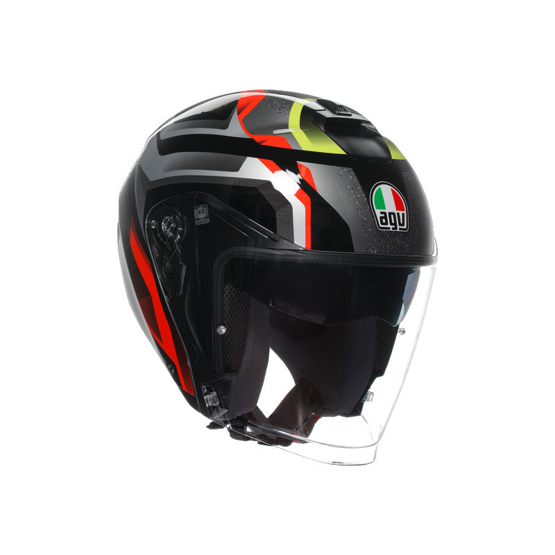 CASCO DA MOTO JET IRIDES ZURIGO NERO ROSSO GIALLO FLUO