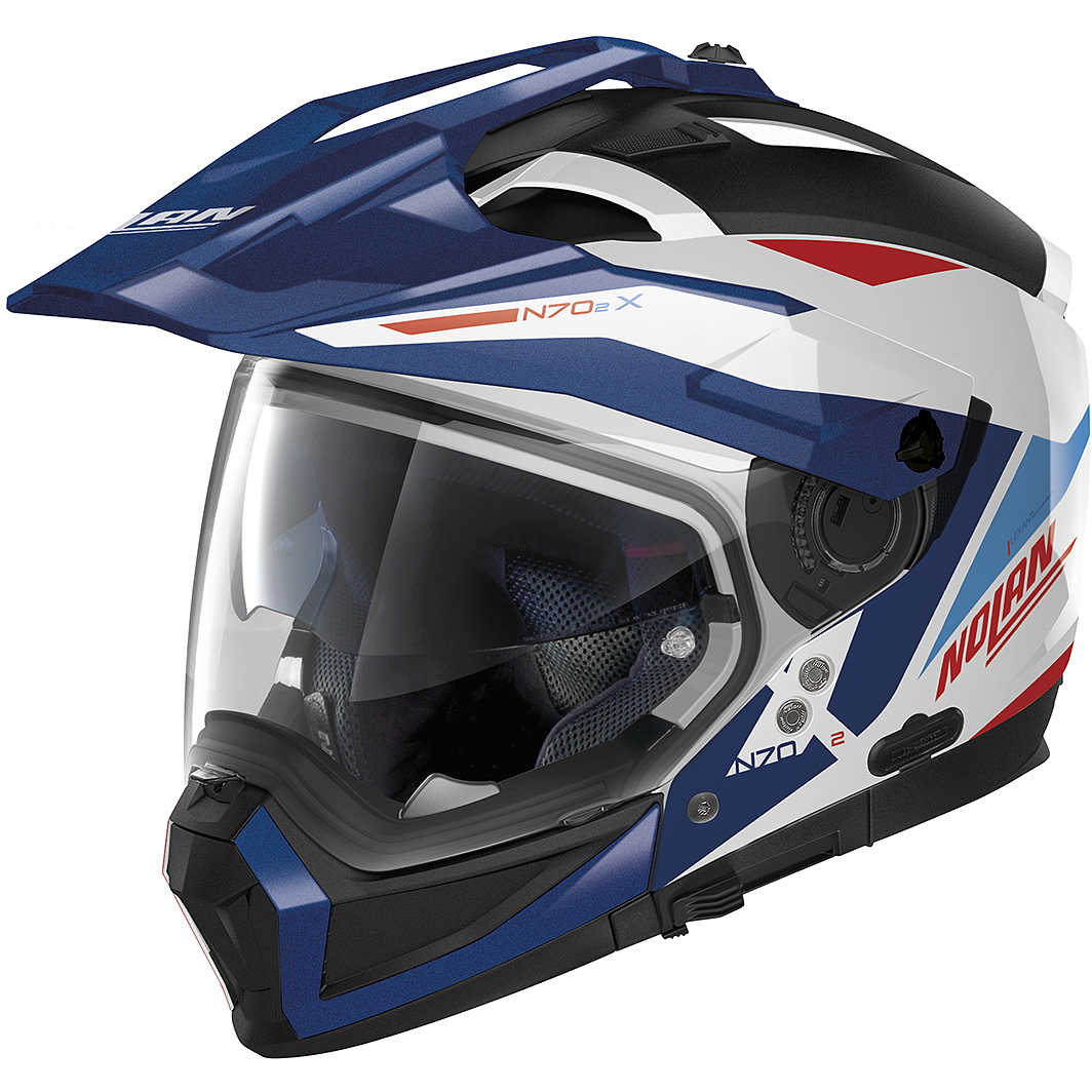 Nolan N 70.2 X Stunner modular motorcycle helmet in white, blue, and red with crossover design and visor.