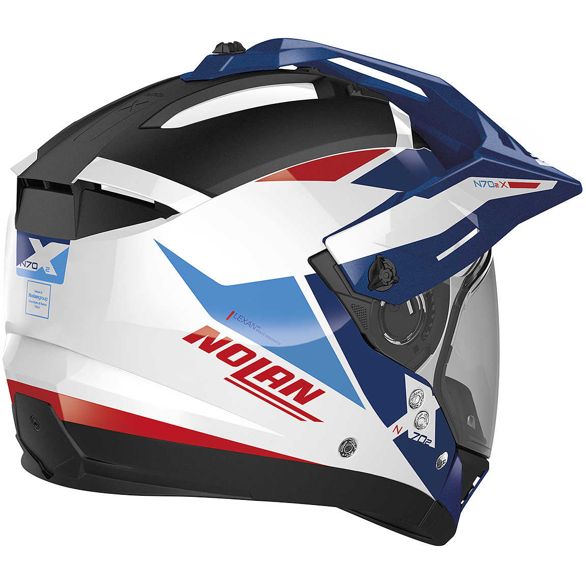 Nolan N 70.2 X Stunner modular motorcycle helmet in white, blue, and red with a sleek design.