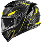 Premier Devil full-face motorcycle helmet in carbon with yellow accents, showcasing sleek design and safety features.