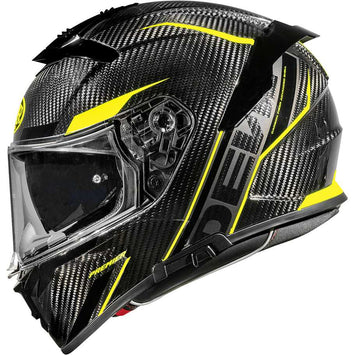 Premier Devil full-face motorcycle helmet in carbon with yellow accents, showcasing sleek design and safety features.