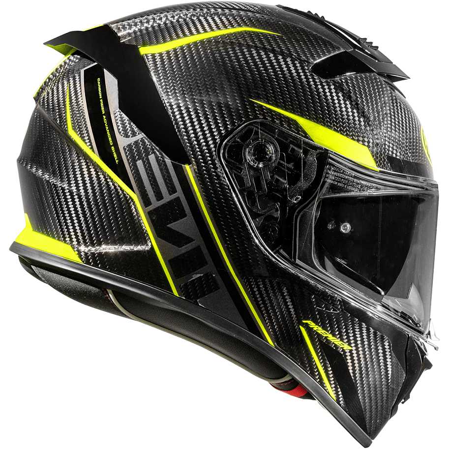 Premier Devil full-face motorcycle helmet in carbon with yellow accents, showcasing sleek design and protective features.