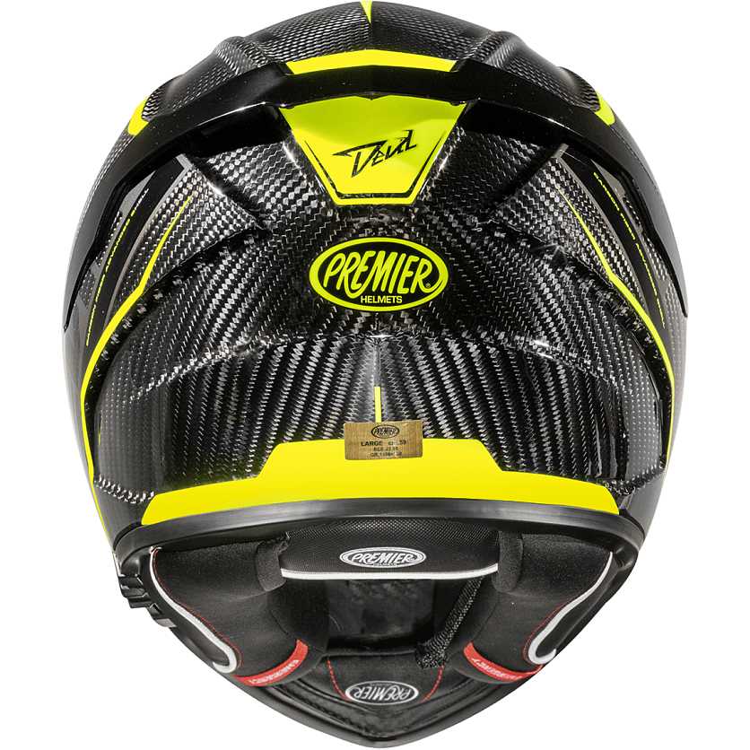 Premier Devil full-face motorcycle helmet in carbon with yellow accents, showcasing sleek design and ventilation features.