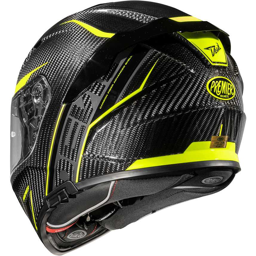 Premier Devil full-face motorcycle helmet in carbon with yellow accents, showcasing a sleek design and ventilation.