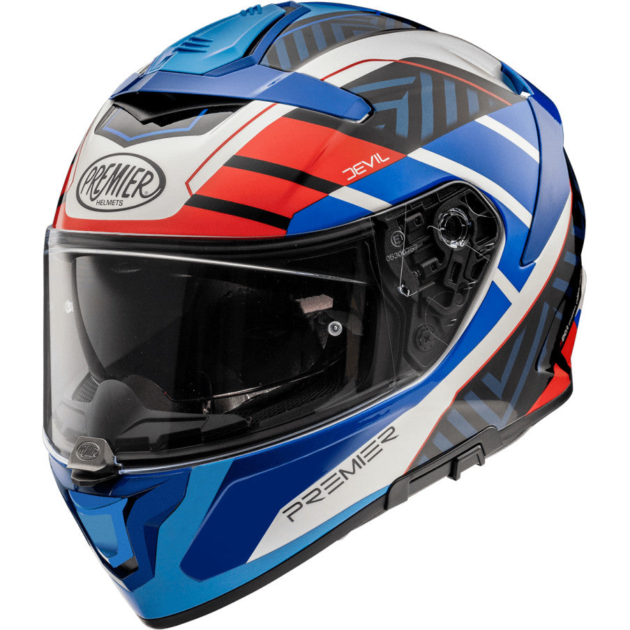 Premier Devil full-face motorcycle helmet in white, blue, and red with sleek design and protective visor.
