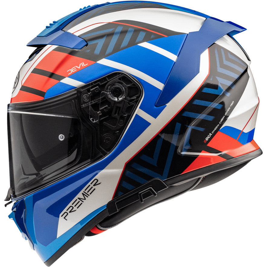 Premier Devil full-face motorcycle helmet in white, blue, and red with sleek design and visor.