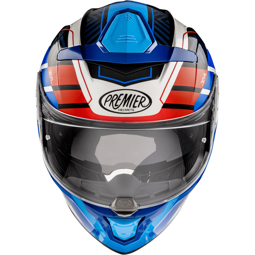 Premier Devil full-face motorcycle helmet in white, blue, and red with sleek design and ventilation features.