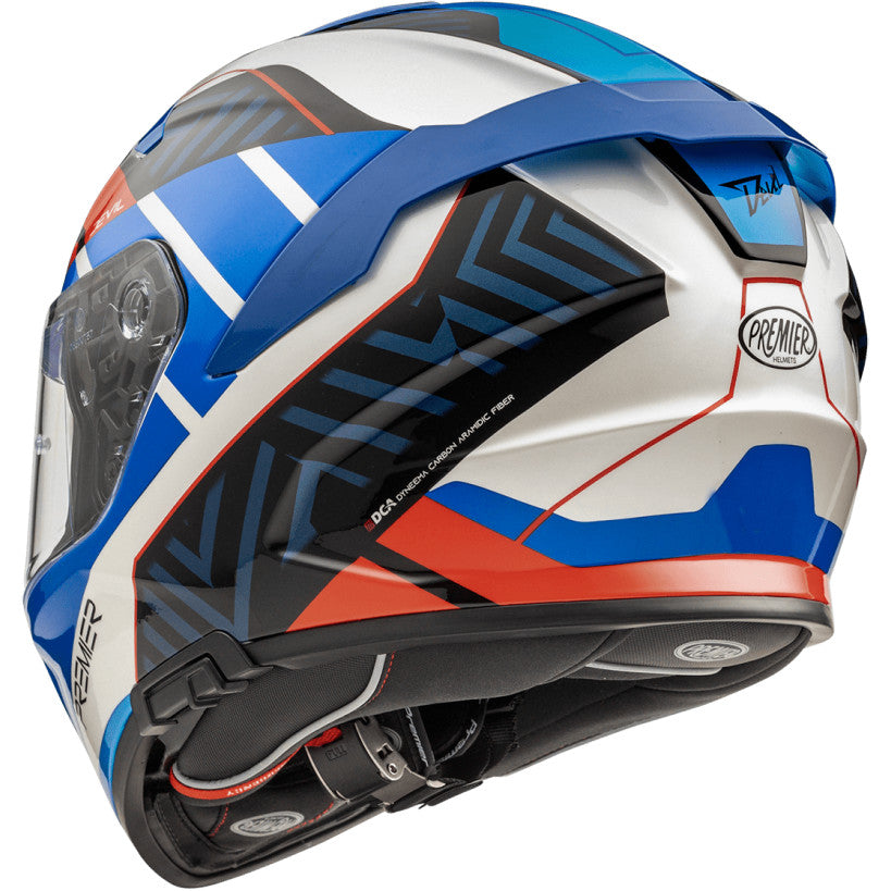 Premier Devil white, blue, and red full-face motorcycle helmet with a sleek design and ventilation.