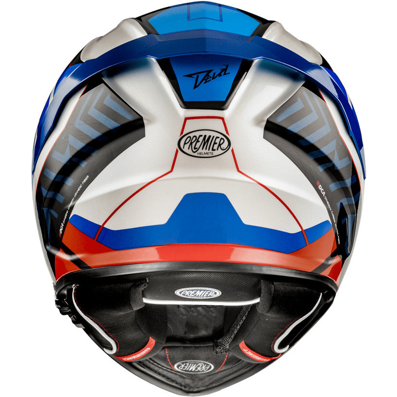 Premier Devil full-face motorcycle helmet in white, blue, and red with a sleek design and ventilation features.