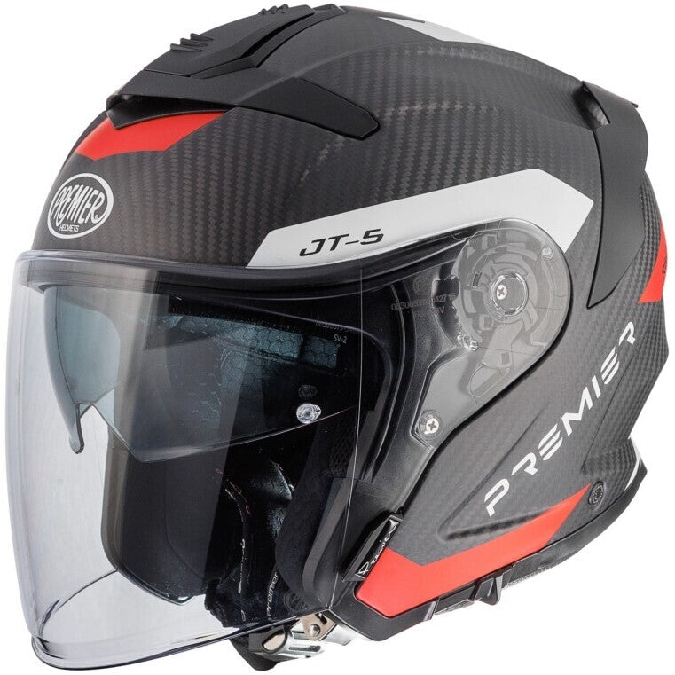 Premier JT-5 jet motorcycle helmet in carbon, red, and white colors, showcasing sleek design and safety features.