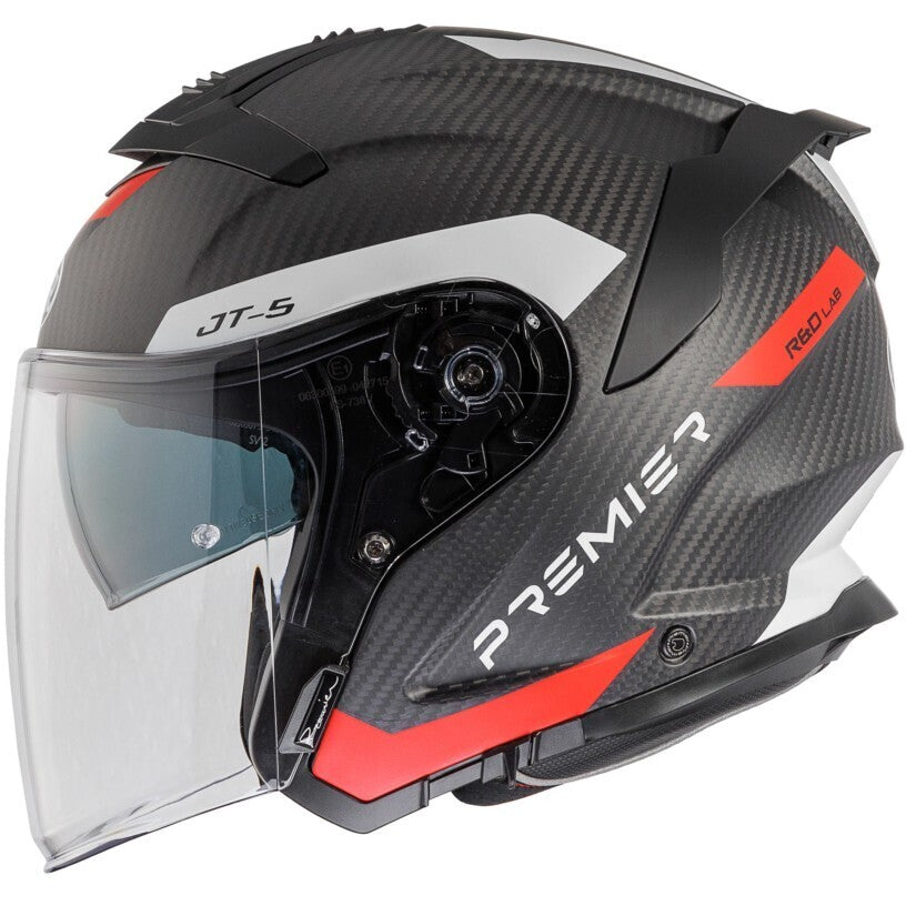 Premier JT-5 jet motorcycle helmet in carbon, red, and white with a sleek design and ventilation features.