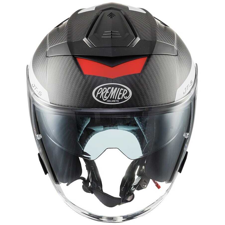 Premier JT-5 jet motorcycle helmet in carbon, red, and white with a sleek design and visor.