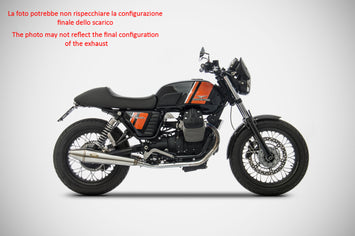 ZARD stainless steel double exhaust muffler for Moto Guzzi V7 Stone 2008-2015 motorcycle, showing the polished, dual outlet design.