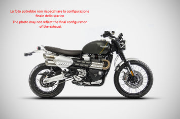 ZARD stainless steel racing exhaust header for Triumph Scrambler 1200 2021-2023, showing polished metal pipes and detailed welds