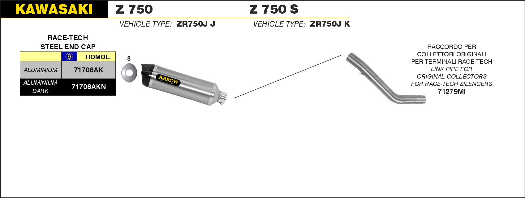 SCARICO MARMITTA RACE-TECH ALLUMINIO-CARBONIO ARROW KAWASAKI Z 750 2004-2006