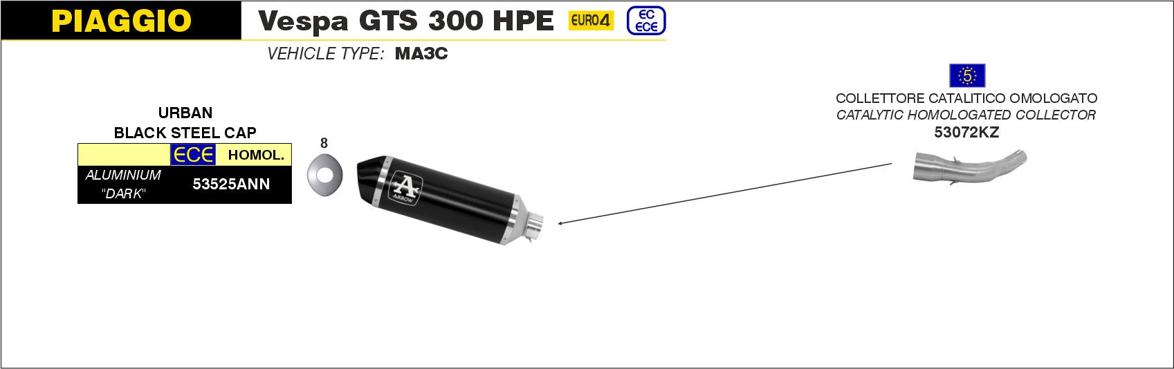 SCARICO MARMITTA URBAN ALLUMINIO NERO ARROW PIAGGIO VESPA GTS 300 HPE 19-20