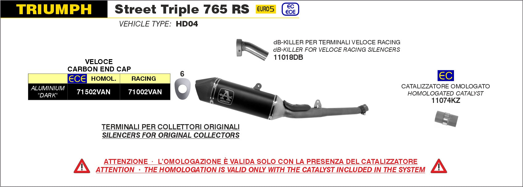 SILENCER EXHAUST "VELOCE" RACING BLACK ALUMINUM ARROW TRIUMPH STREET TRIPLE 765 20-23