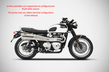 ZARD complete high-mounted exhaust system for Triumph Bonneville T120 2016-2019, made of stainless steel with racing design.