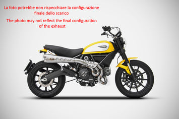 ZARD high-mount racing exhaust complete system for Ducati Scrambler 800 2015-19, made of stainless steel with polished finish.