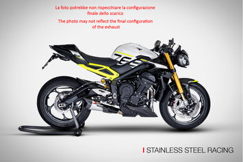 ZARD 3-in-1 stainless steel racing exhaust system for Triumph Street Triple 765 2023, visible with polished metal finish.