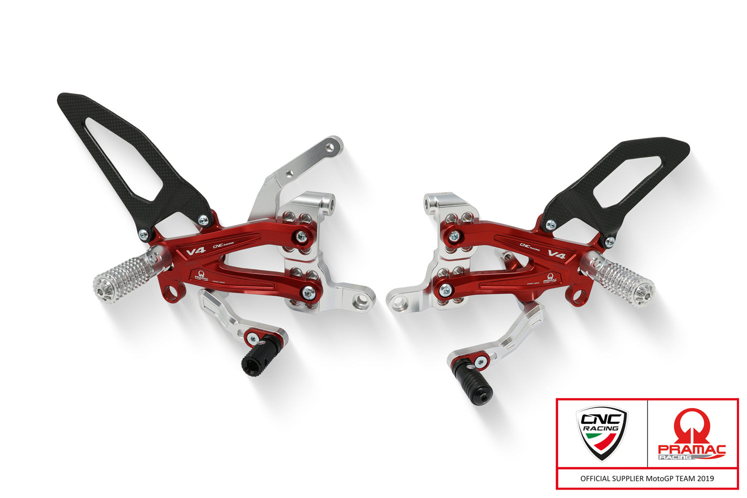 PEDANE PILOTA REGOLABILI ARGENTO/ROSSO PRAMAC CNC RACING DUCATI PANIGALE V4 R