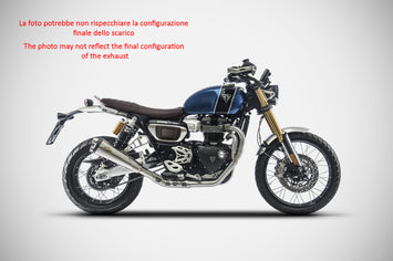 ZARD complete exhaust system for Triumph Scrambler 1200 Euro 5, stainless steel, high-performance motorcycle exhaust visible in the image.