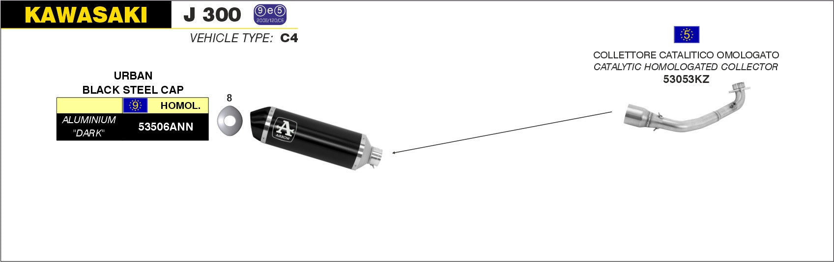 SCARICO COMPLETO OMOLOGATO E5+E9 INOX-NERO ARROW KAWASAKI J 300 ABS 2014-16