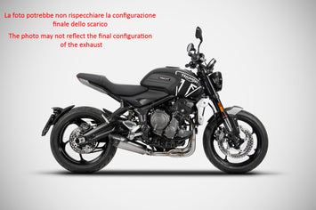 ZARD stainless steel racing exhaust for Triumph Trident 660, model years 2021 to 2023, showcasing sleek design.