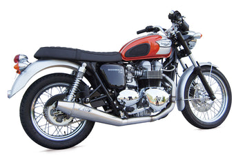 ZARD complete low conical stainless steel racing exhaust for Triumph Bonneville T100 2001-2016, showing the shiny exhaust pipe.